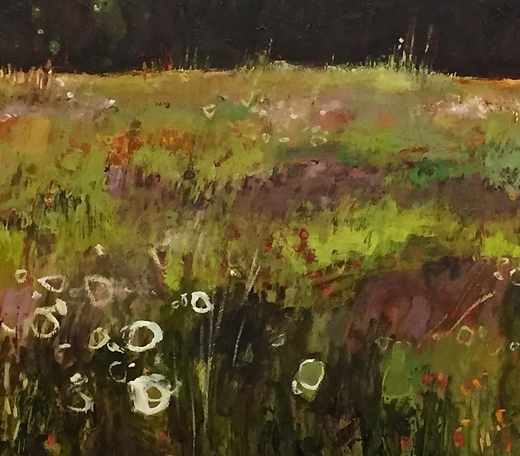 Tuscany Meadow with fireflies Original Oil on Canvas Signed Certificates   - Contemporary Painting by Elaine Kazimierczuk