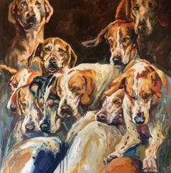 Hounds Please! Oil paint on canvas high energy piece, excellent review, dogs, 