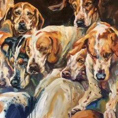 Hounds Please! Oil paint on canvas high energy piece, excellent review, dogs,