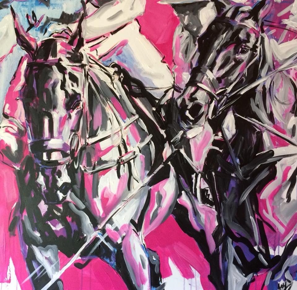 Deborah Harris Animal Painting - Passion Original, Signed bottom, polo horse, hot pink, abstract acrylic paint