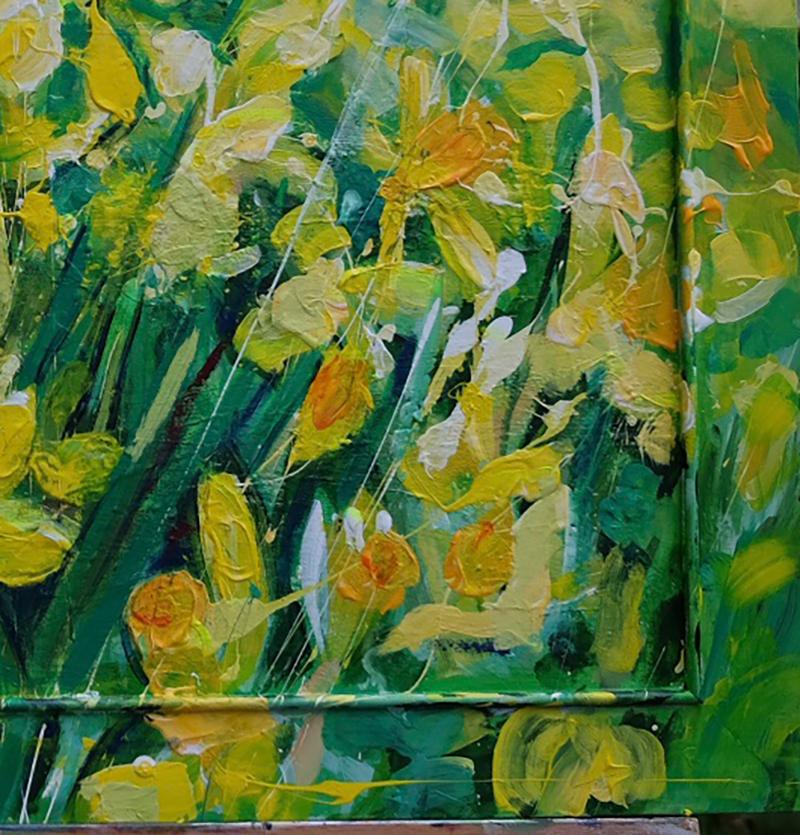 Field of Daffodils original personally signed mixed media oil on canvas yellow  - Painting by Janet Lance Hughes