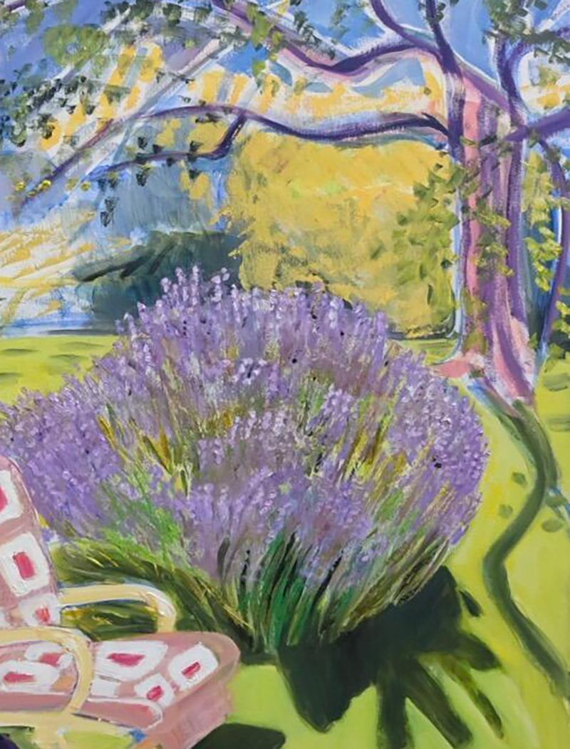 Buzzing Lavender and Bamboo Chair canvas oil paint mixed media personally signed - Contemporary Art by Janet Lance Hughes