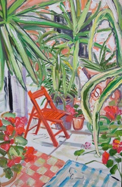 Red Chair Among Spiky Plants Original Mixed media red green british garden scene