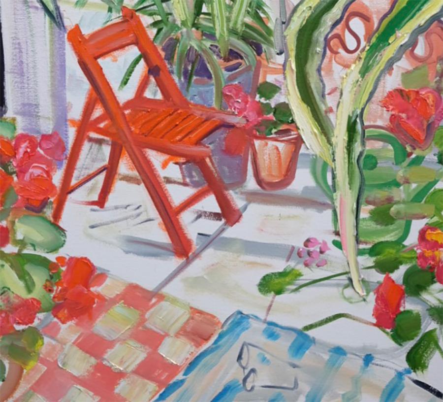 Red Chair Among Spiky Plants Original Mixed media red green british garden scene - Contemporary Art by Janet Lance Hughes