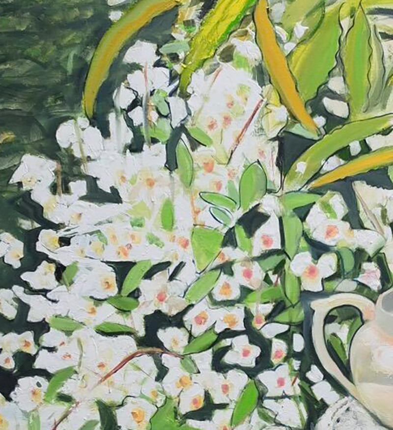 White Jug on table with scented Philadelphus Original mixed media signed art  - Contemporary Art by Janet Lance Hughes