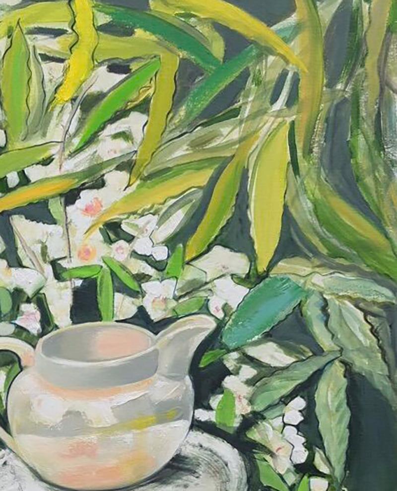 White Jug on table with scented Philadelphus Original mixed media signed art  For Sale 1
