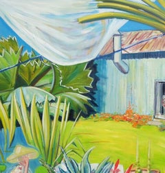 Pond Garden with lady, huge leaves and cacti original art oil canvas signed