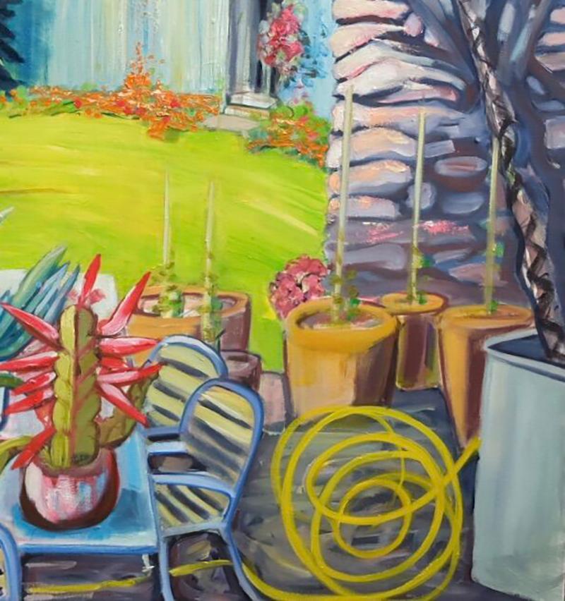 Pond Garden with lady, huge leaves and cacti original art oil canvas signed  - Contemporary Art by Janet Lance Hughes