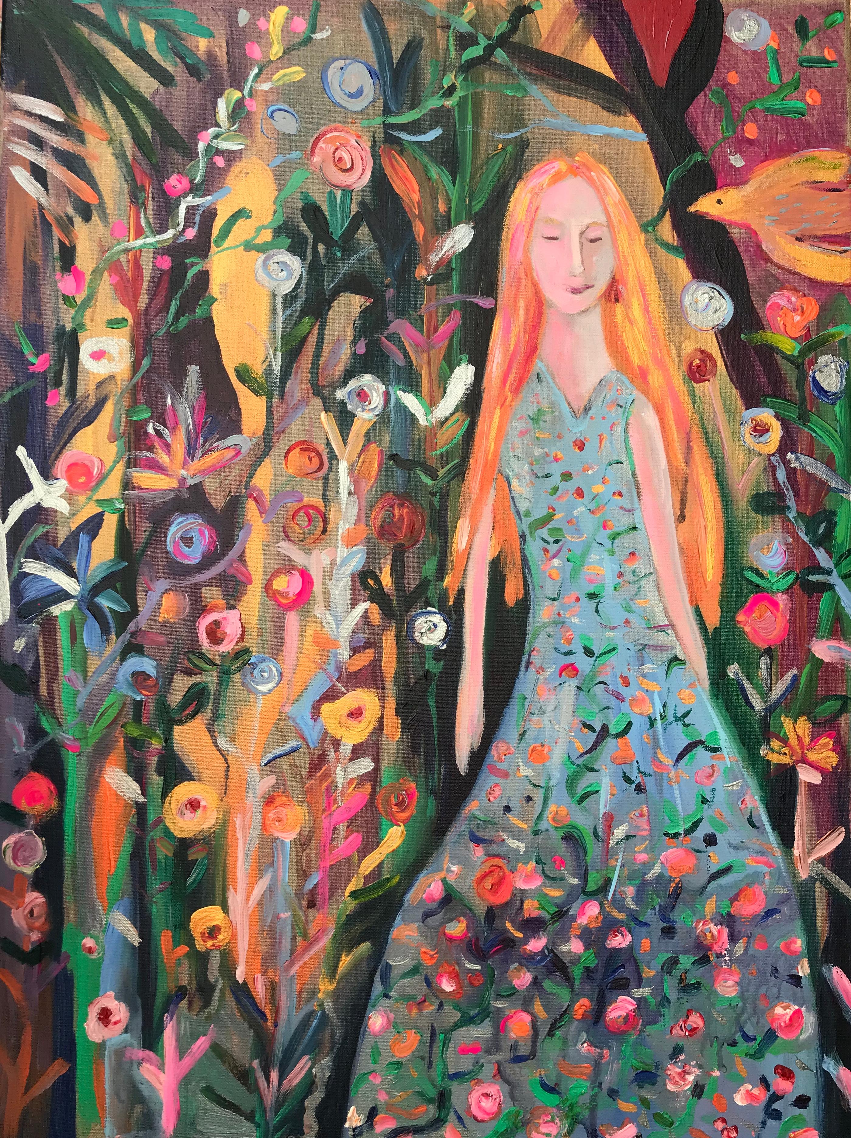 Dress of Gardens girl long dress detail flowers vibrant happy signed  - Art by Claire Westwood