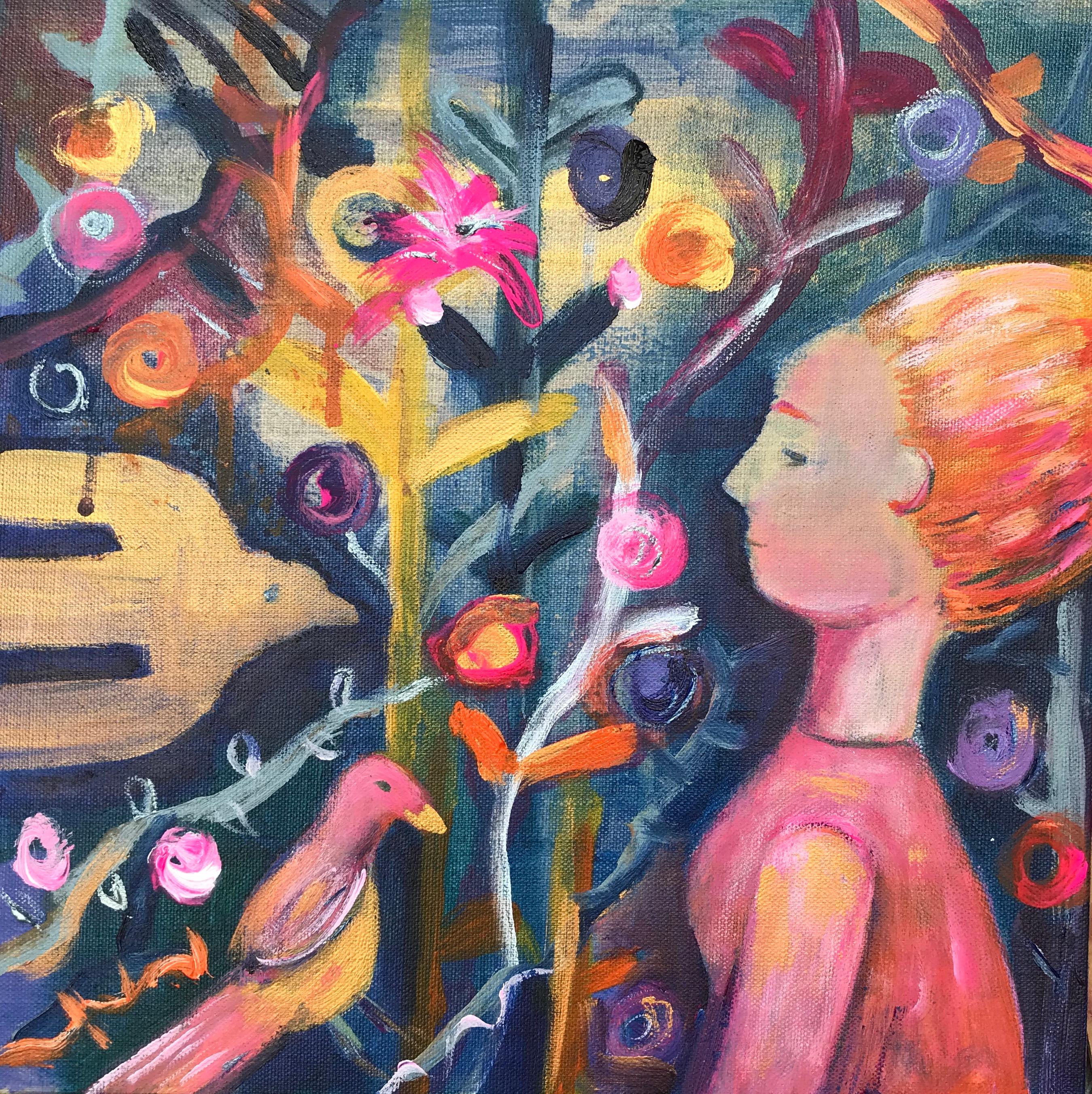 Claire Westwood Animal Painting - Golden Bird Original acrylic paint on raw silk canvas pink ethereal vibrant