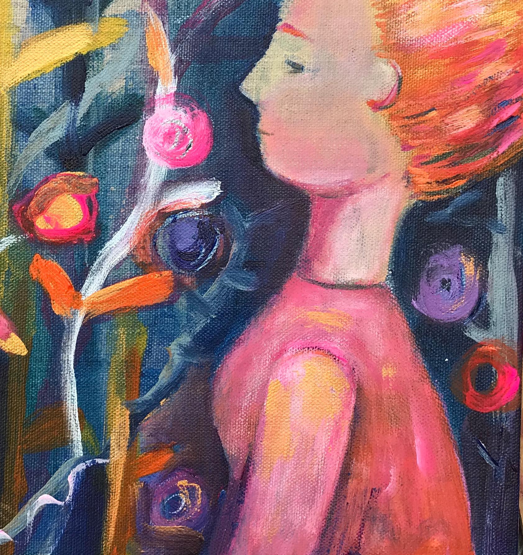 Golden Bird Original acrylic paint on raw silk canvas pink ethereal vibrant - Painting by Claire Westwood