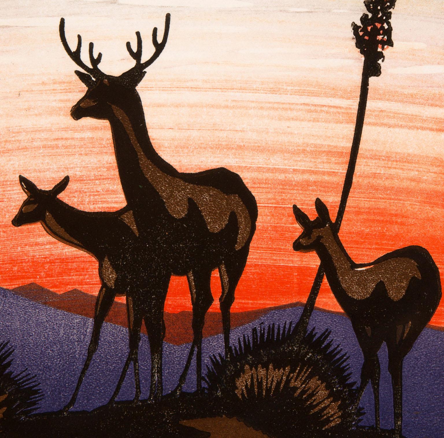 An extremely vibrant and beautiful color woodcut of three deer in front of a brilliant red sky, Santa Barbara artist Helen Seegert's “Evening Watch” (circa 1936) is printed on soft fibrous cream wove paper and is signed “Helen M. Seegert” in the