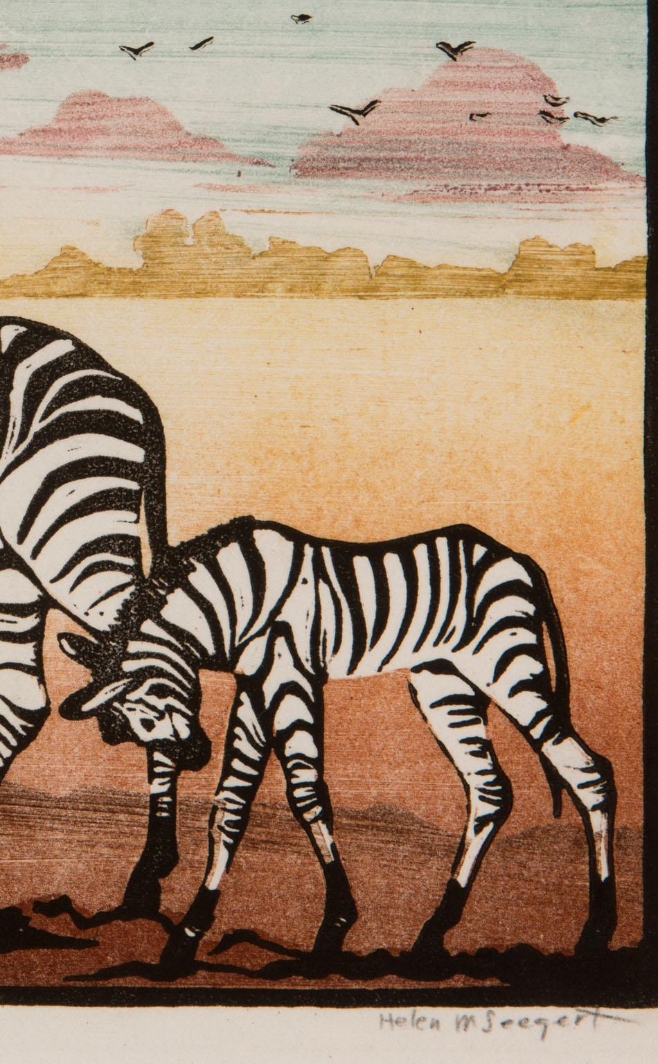 An extremely vibrant and beautiful color woodcut of three zebras on the plains of Africa, Santa Barbara artist Helen Seegert's “African Stripes” (circa 1939) is printed on soft fibrous cream wove paper and is signed “Helen M. Seegert” in the margin