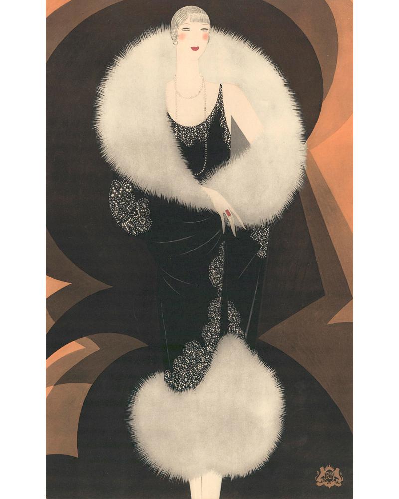 Reynaldo Luza Figurative Print - Revillon Freres: Woman in black fur cape.
