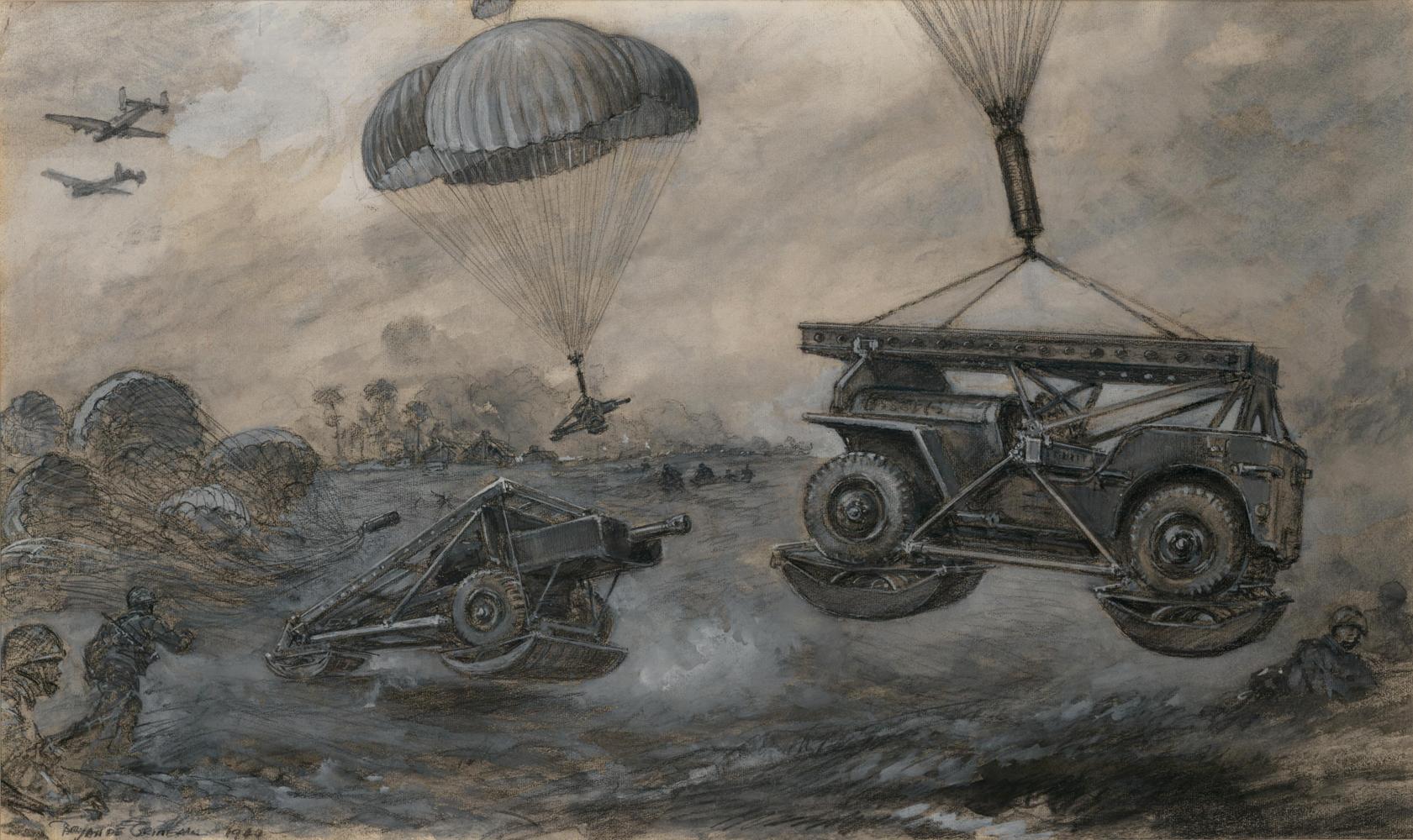 Illustration of landing anti-tank guns and jeeps by parachute.