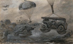 Vintage Illustration of landing anti-tank guns and jeeps by parachute.