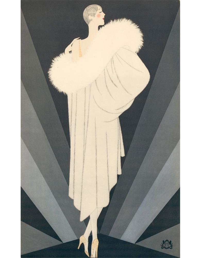 Reynaldo Luza Figurative Print - Revillon Freres: Woman in a Draped Fur Coat