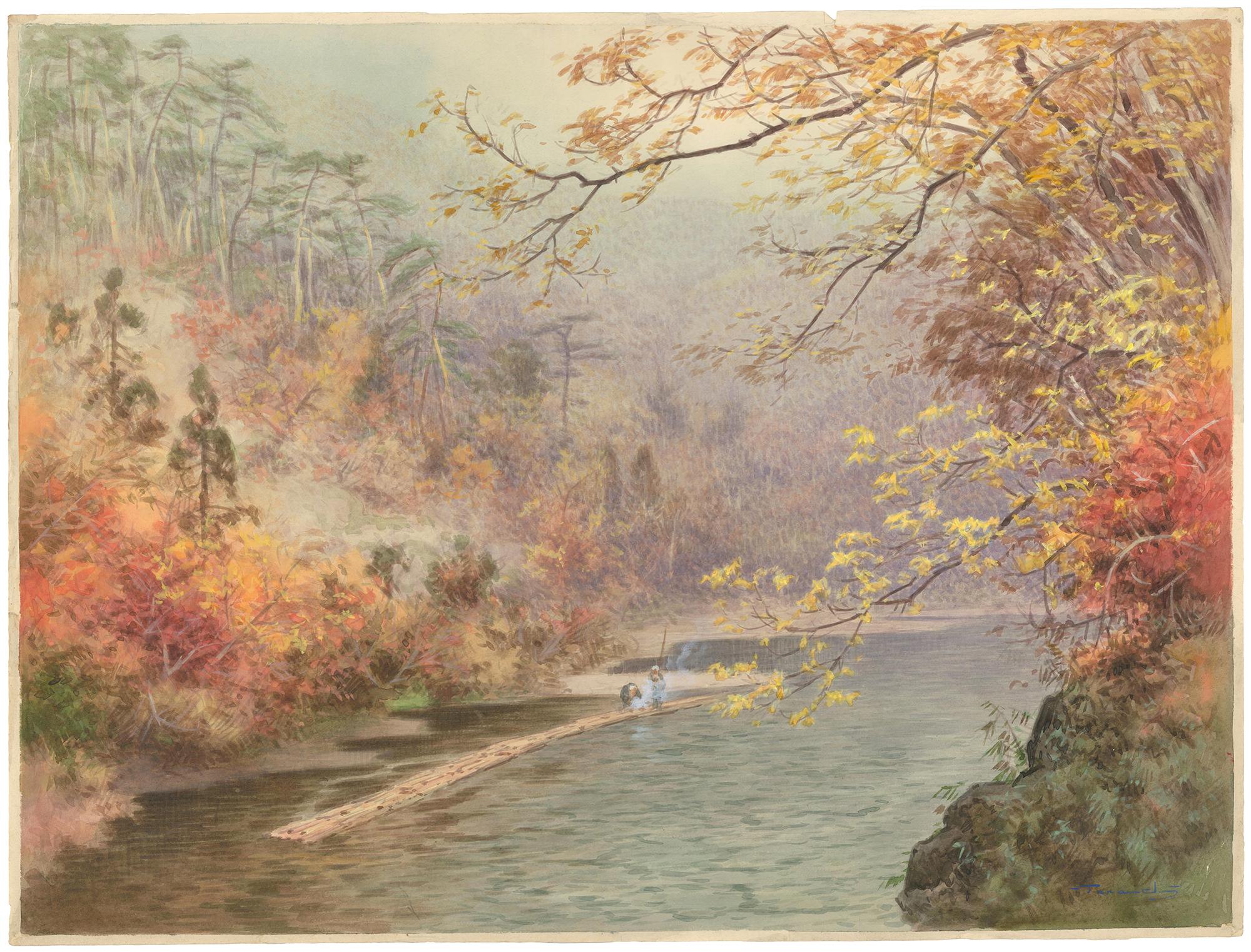 Fukutaro Tarauchi Landscape Painting – Herbst beim Angeln auf einem Fluss.       