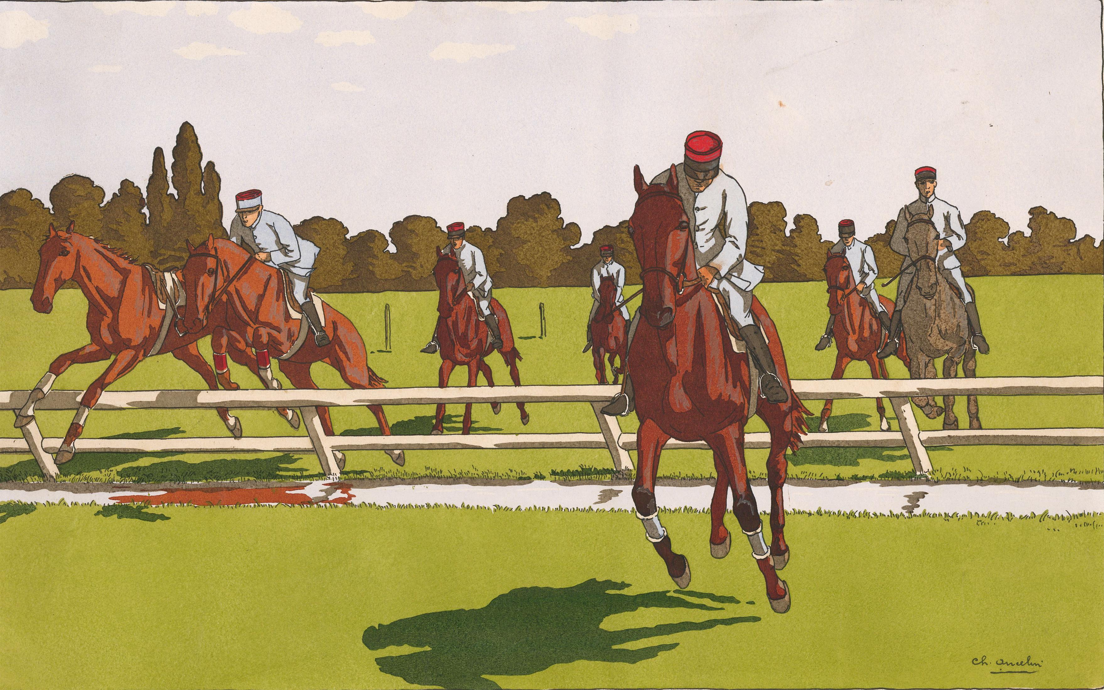 Charles Ancelin Animal Print - Equestrian Scene No. 10: Horse Jumping