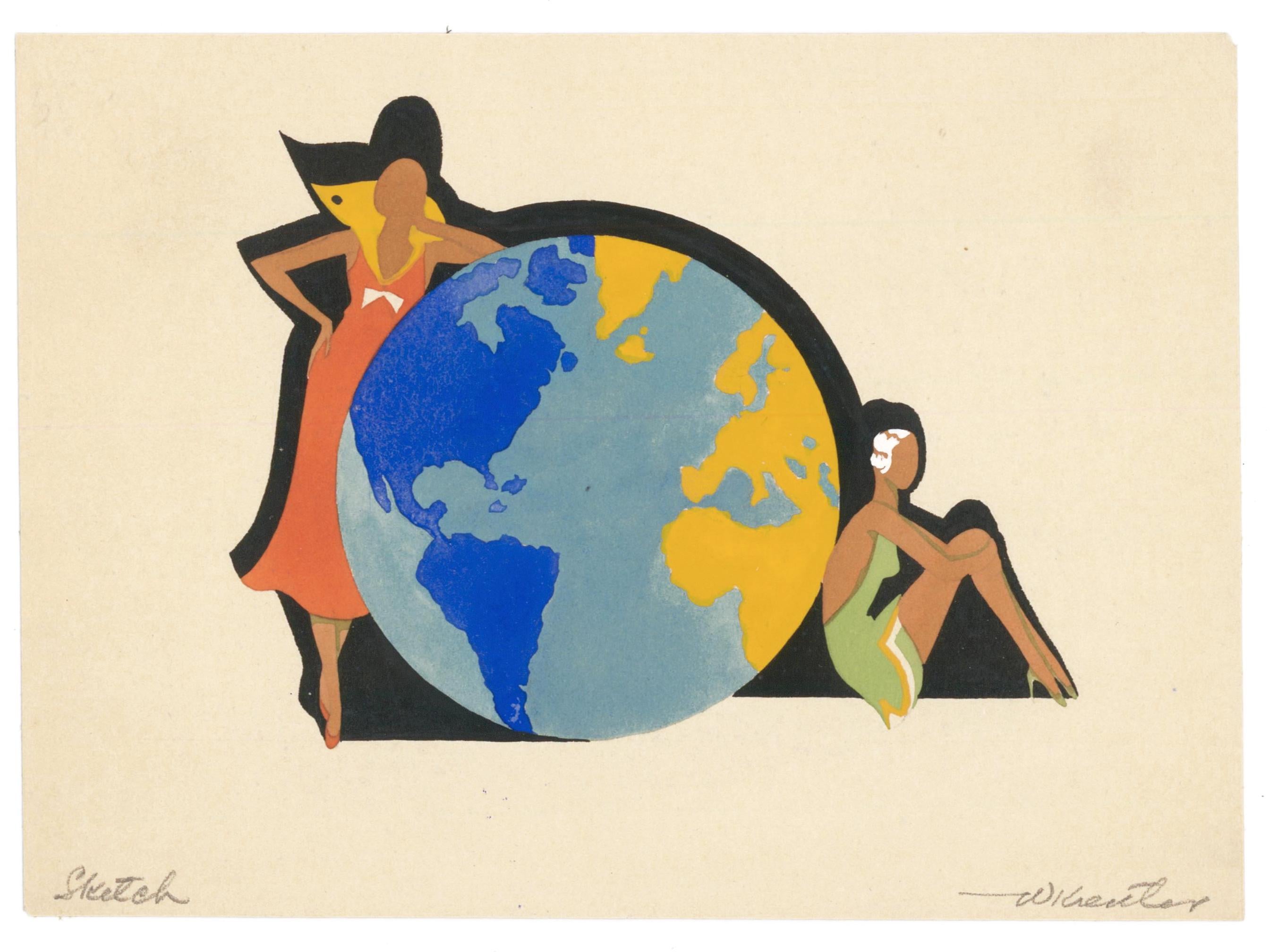 Warner Kreuter Figurative Print - Two Women with a Globe Gouache