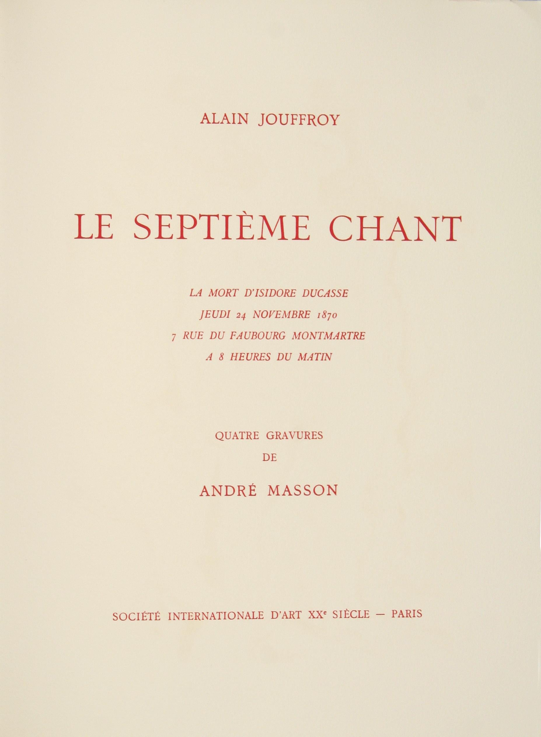 MASSON, André.  Le Septieme Chant.  By Alain Jouffroy.  Illustrated with 4 engravings by Masson.  Folio, loose as issued in the original wrappers and linen-covered slipcase, preserved in a cloth folding box.  Paris: Société Internationale d'art XXe