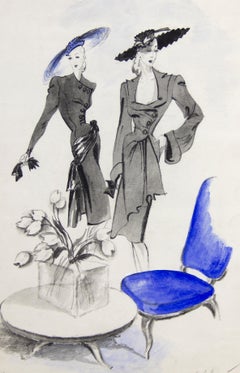 Vintage Jacques Fath and Lucien Lelong Fashion Illustration