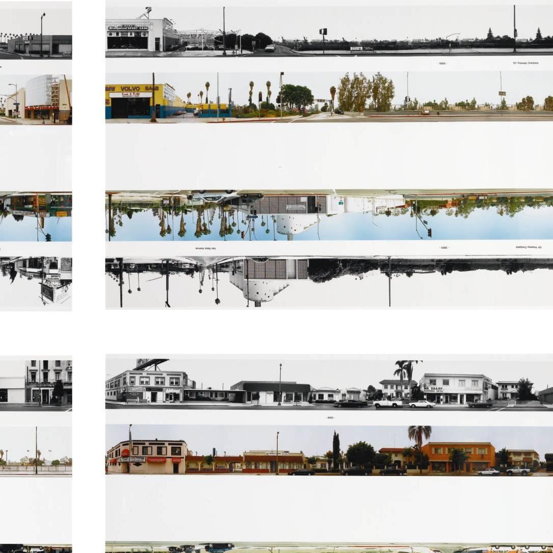 ED RUSCHA: Then and Now.  Unpaginated, hundreds of color and b&w photographs. Oblong folio, cloth. Gottingen, Steidl, 2005.	
In 1973 Ruscha mounted a camera with continuously-fed film on the back of a truck and made a panoramic image of the entire