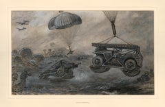 Illustrazione dell'atterraggio di cannoni anticarro e jeep con il paracadute.