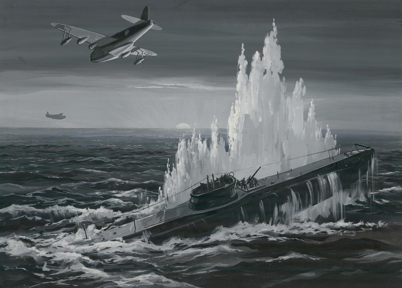 Sunderland Flying Boat R.A.A.F. Attacking Italian U Boat - Art by Roland Davies