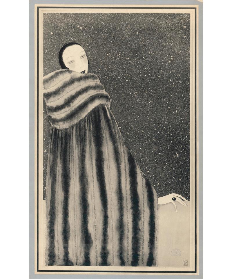 Reynaldo Luza Figurative Print - Revillon Freres: Woman in fur cape with starry background