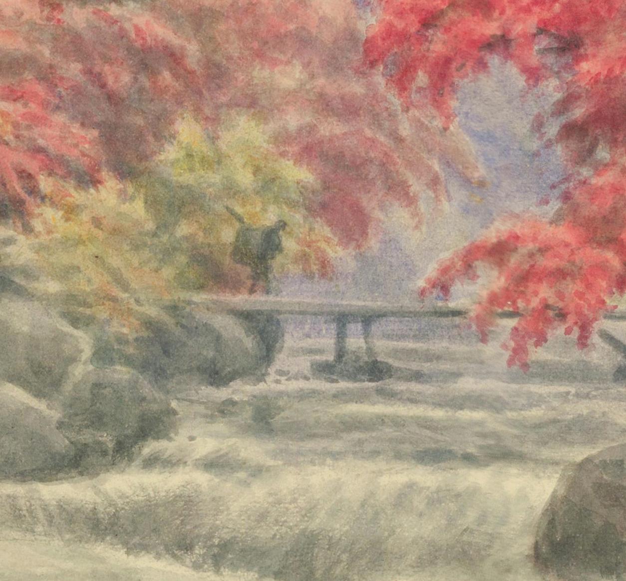 Une rivière en automne. - Beige Landscape Painting par J. Ozawa