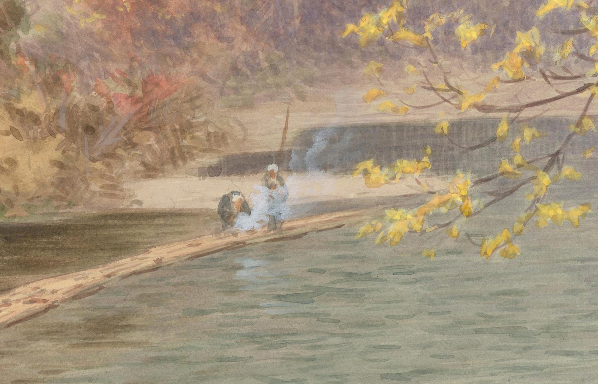 Fishing sur une rivière à l'automne.        - Marron Landscape Painting par Fukutaro Tarauchi