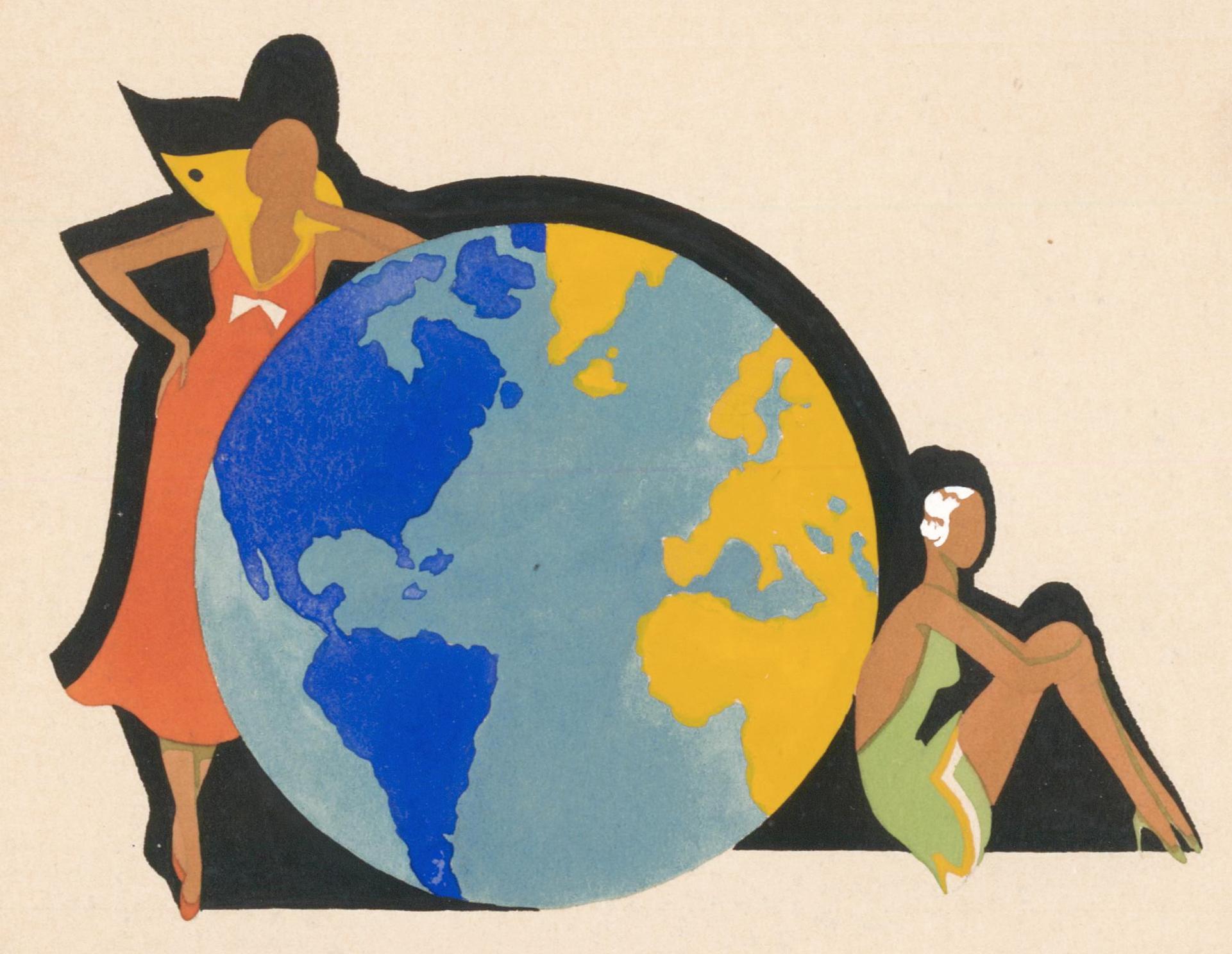 Two Women with a Globe Gouache - Print by Warner Kreuter