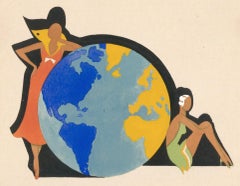 Two Women with a Globe Gouache
