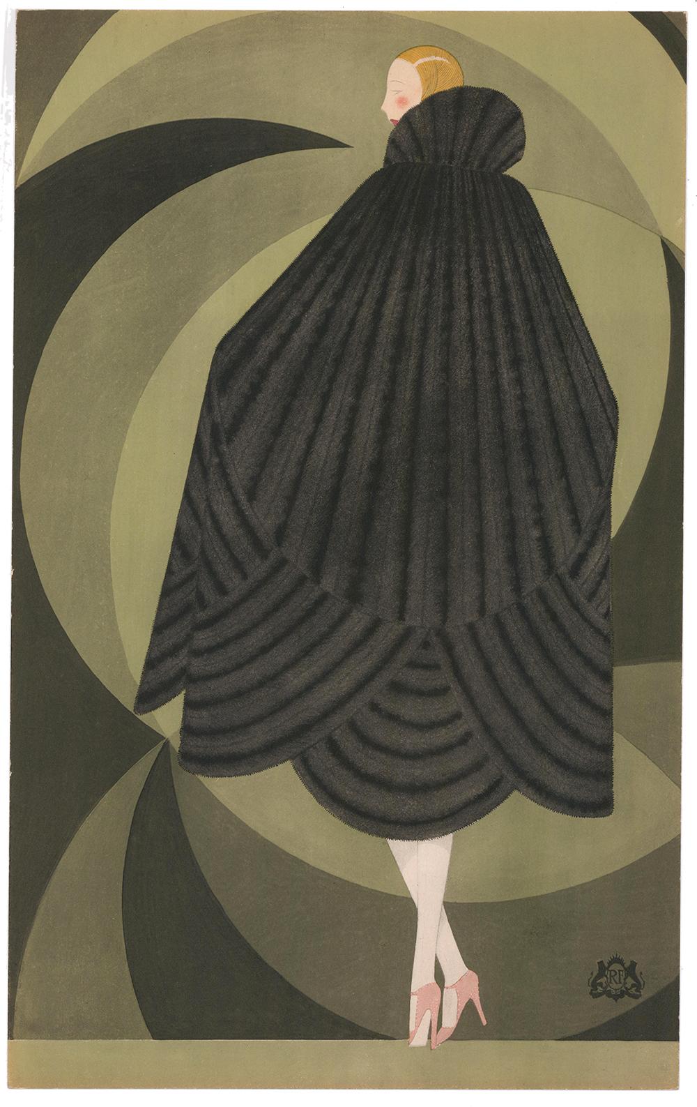 Reynaldo Luza Figurative Print - Revillon Freres: Woman in a Black Fur Cape