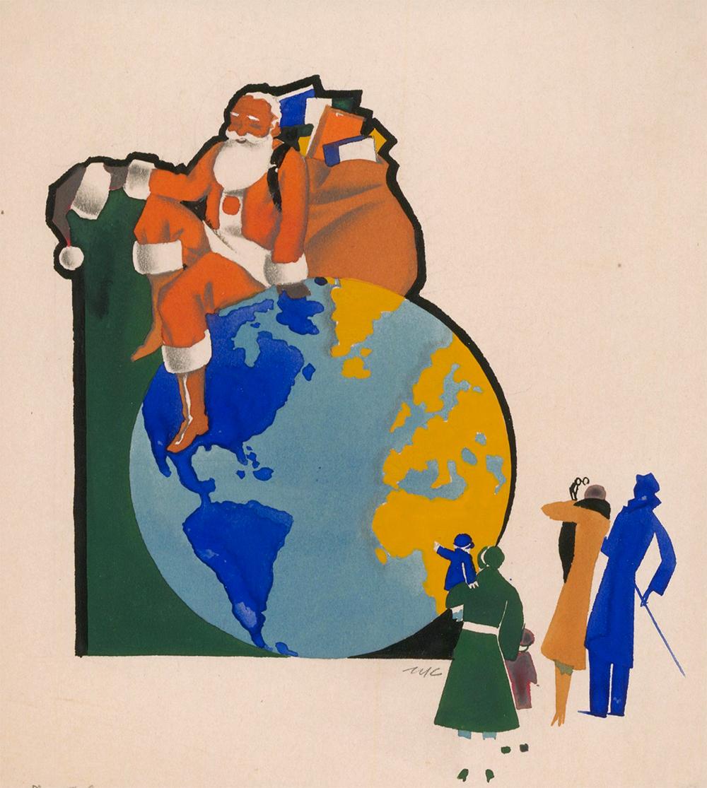 Figurative Print Warner Kreuter - Le Père Noël assis sur le globe, gouache