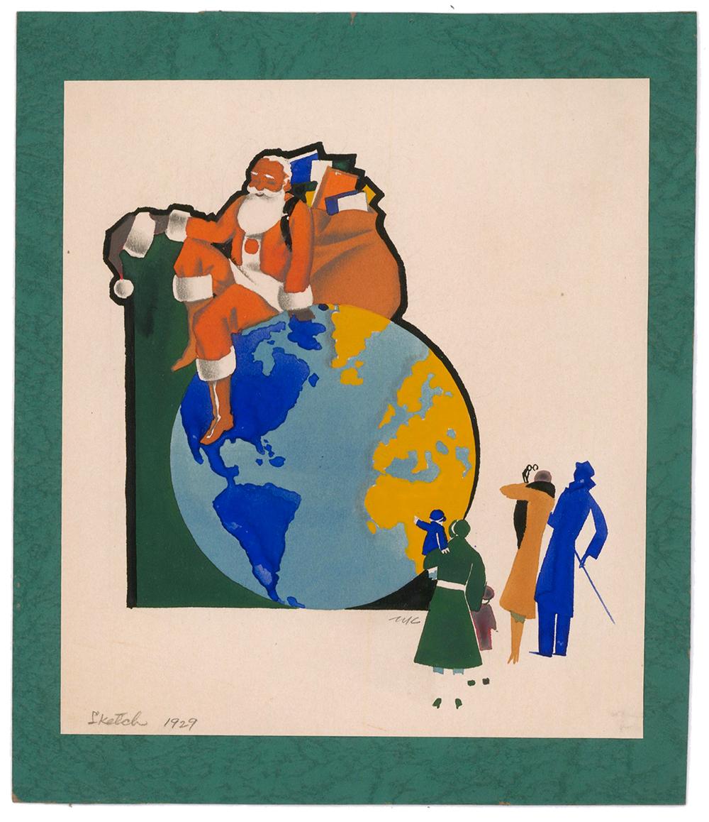 Le Père Noël assis sur le globe, gouache - Print de Warner Kreuter