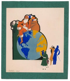 Santa sitting on the Globe Gouache
