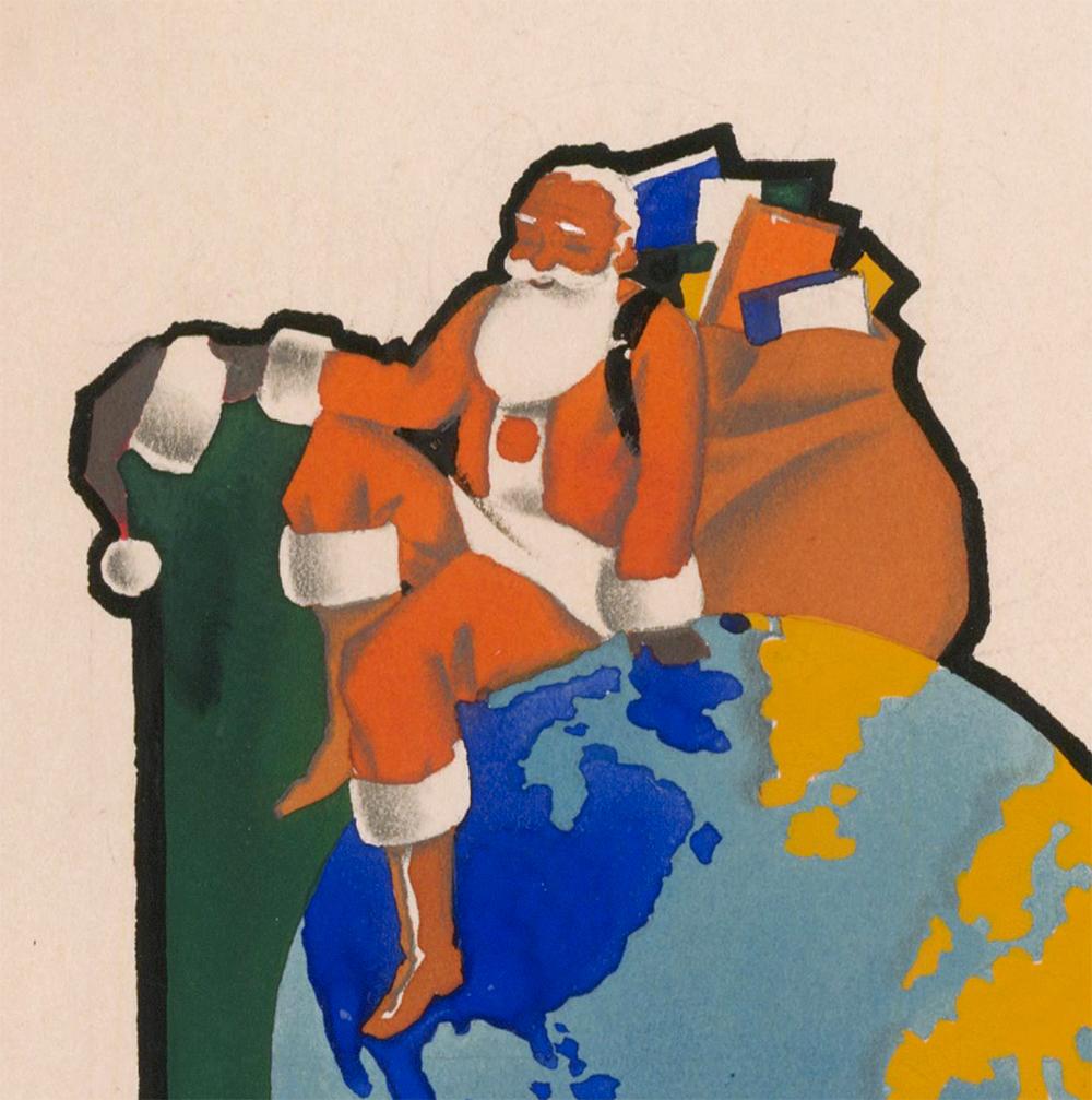 Le Père Noël assis sur le globe, gouache - Art déco Print par Warner Kreuter