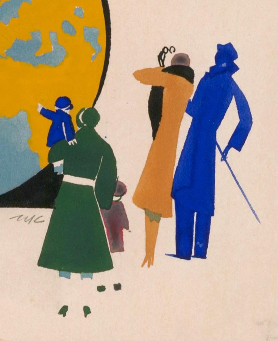 Le Père Noël assis sur le globe, gouache - Beige Figurative Print par Warner Kreuter