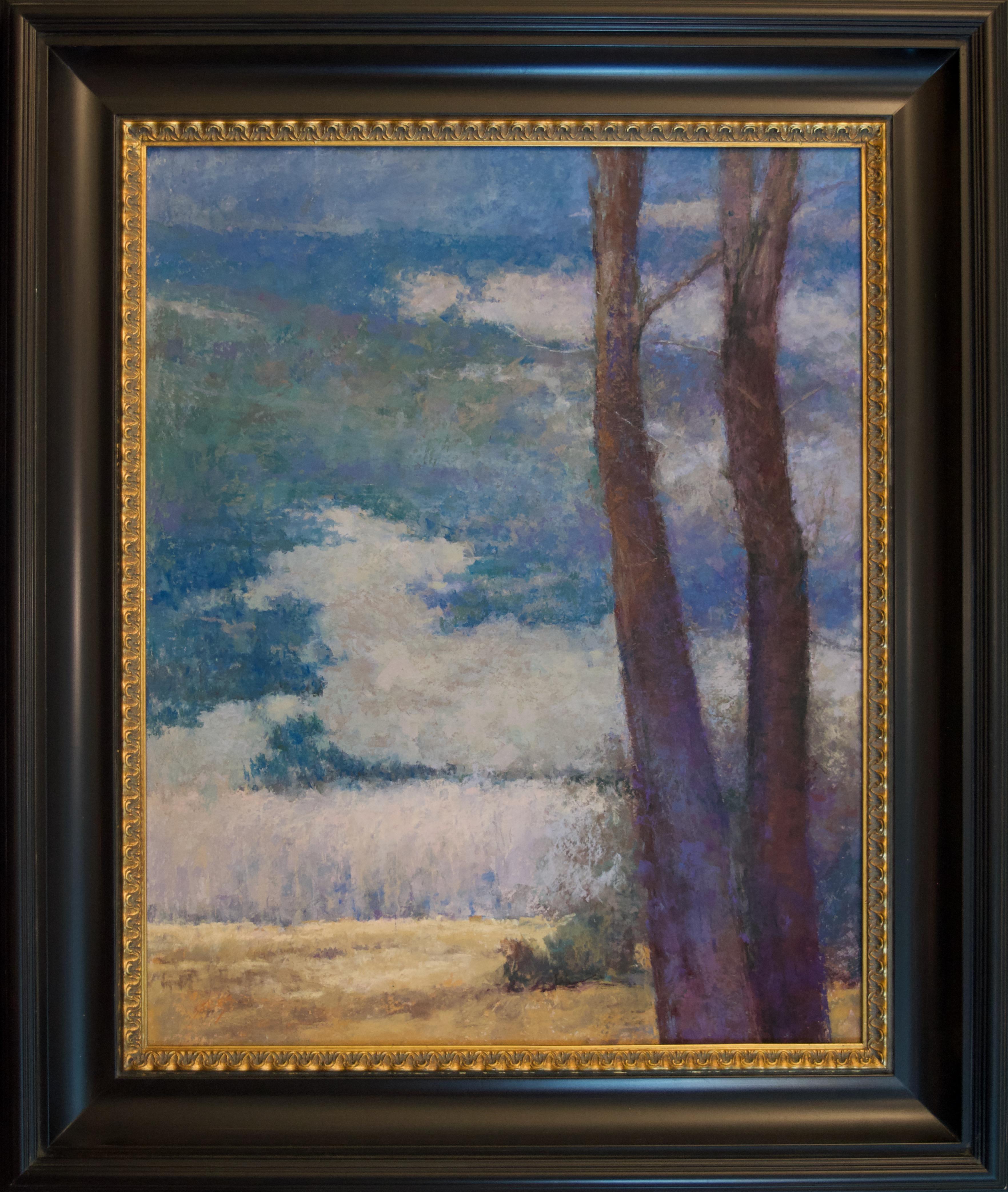 Sabrina Stiles Landscape Painting - Rise (clouds, blue, green, purple toned sky, landscape)
