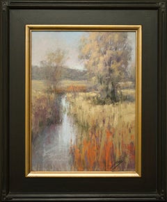Soft Morning Light (meandering stream, reflections, orange, purple, gold grass)