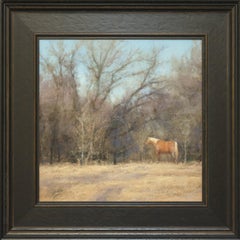 Solo (lone palomino horse, golden grasses, winter tree silhouettes, blue, grey)
