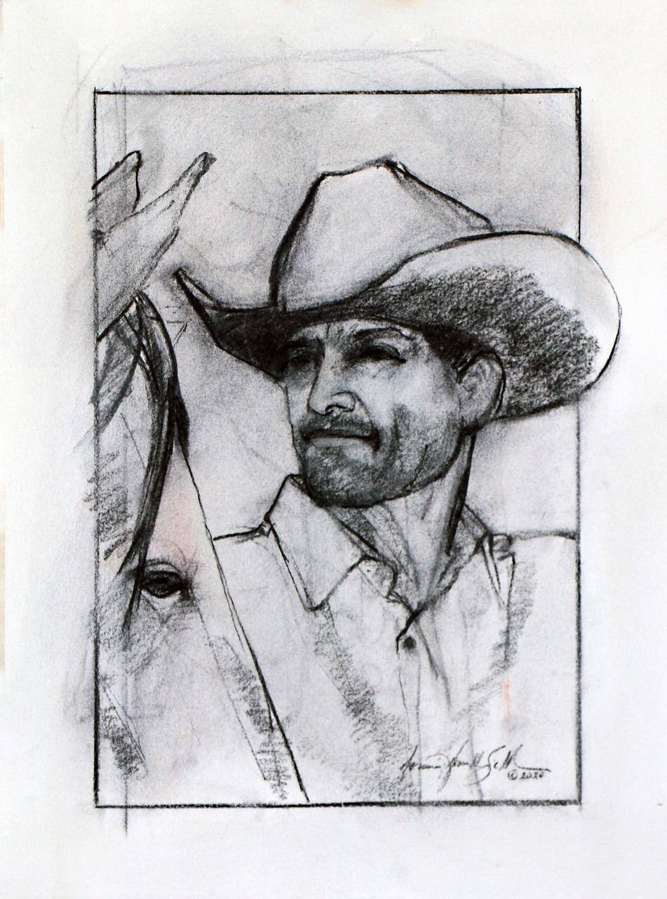 Donna Howell-Sickles Figurative Art - Cowboy Study (Cowboy, horse, western, charcoal, black & white) 