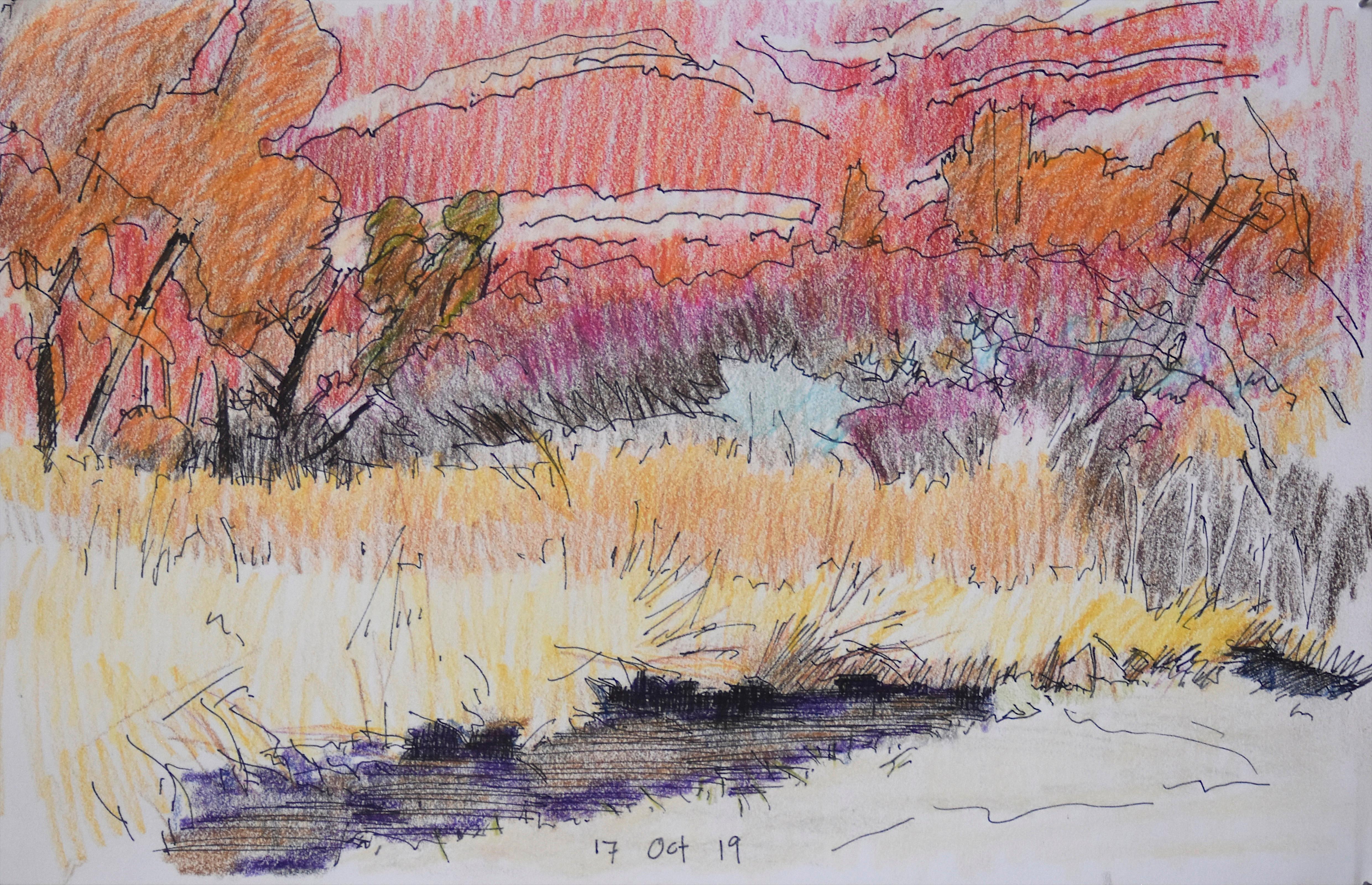 17 Oct 19 - horizontal (Colored pencil, paper, study, pink/purple/gold/orange) - Art by Andy Taylor