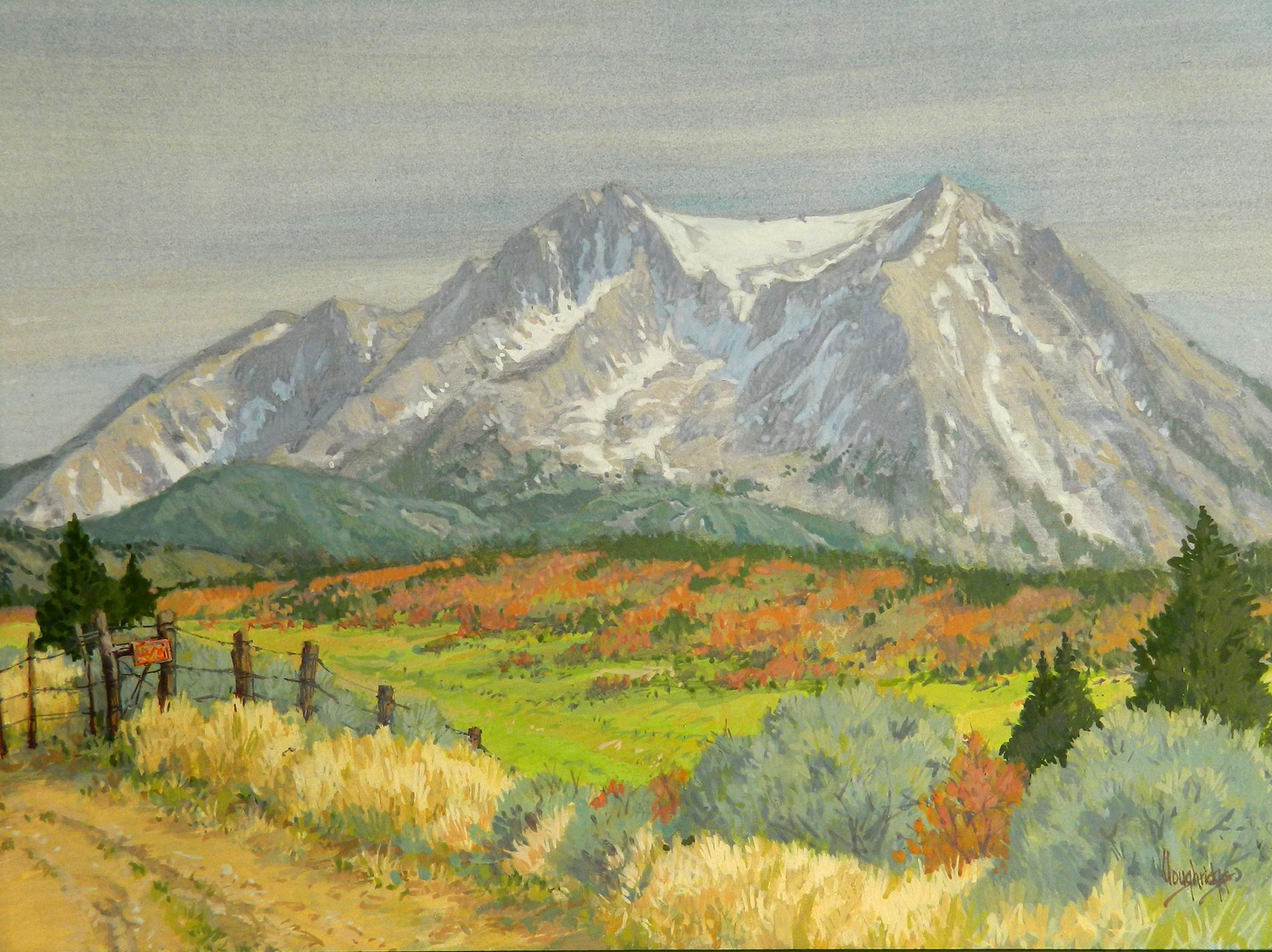 Leon Loughridge Landscape Art - Posted Mt. Sopris (contemporary western landscape watercolor of 14, 000 ft. peak)