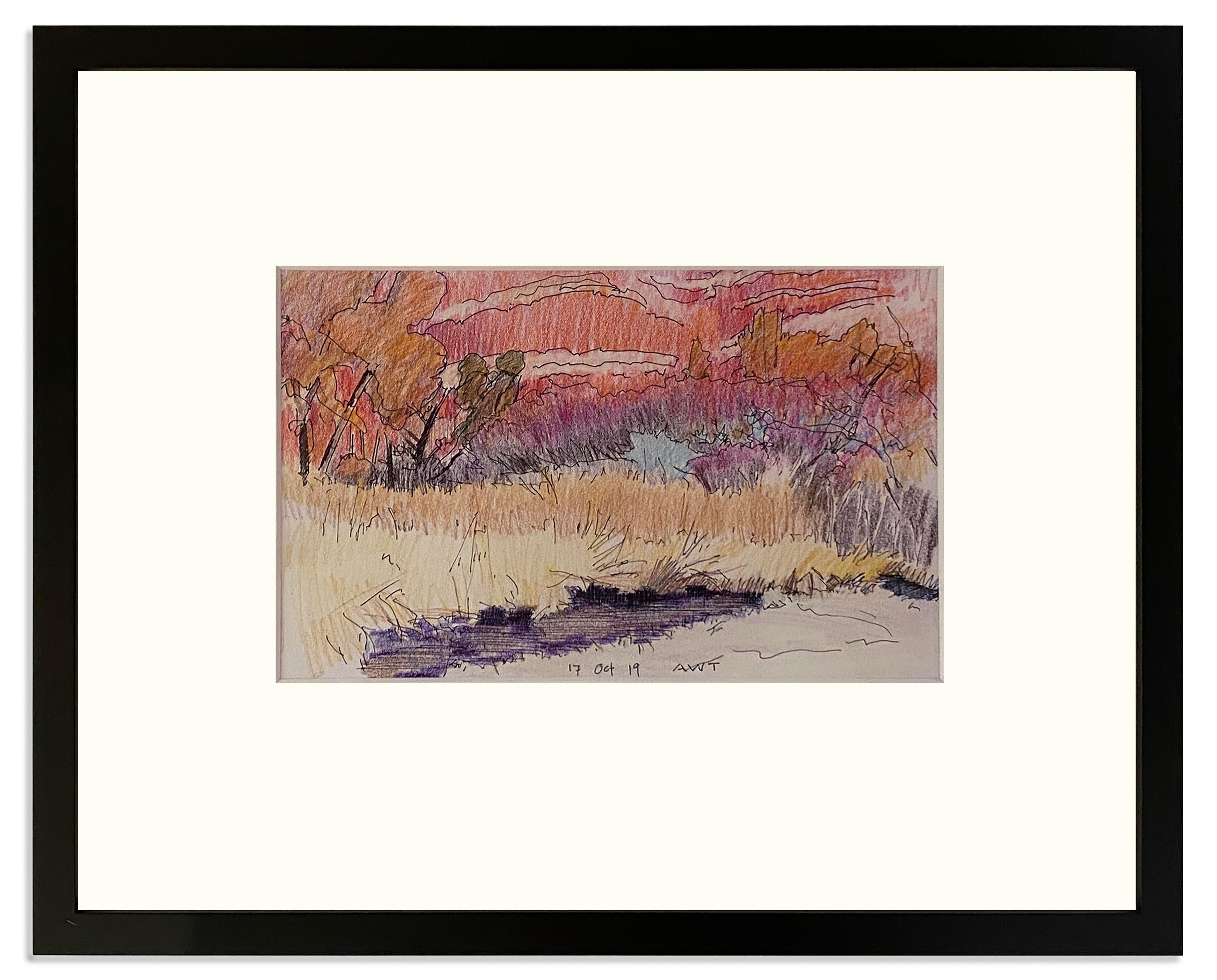 Andy Taylor Abstract Drawing - 17 Oct 19 - horizontal (Colored pencil, paper, study, pink/purple/gold/orange)
