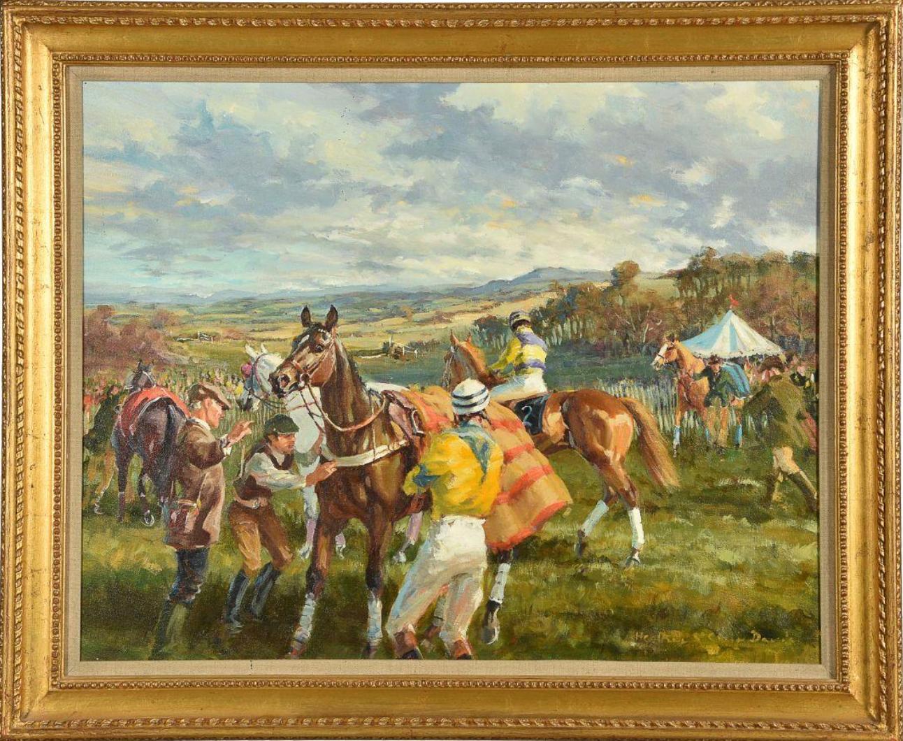 Heather St. Clair Davis Landscape Painting - Horse racing - "Stand, dammit!"