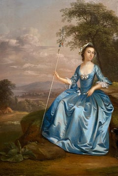 Portrait of Mrs Bates as a shepherdess, seated in a landscape