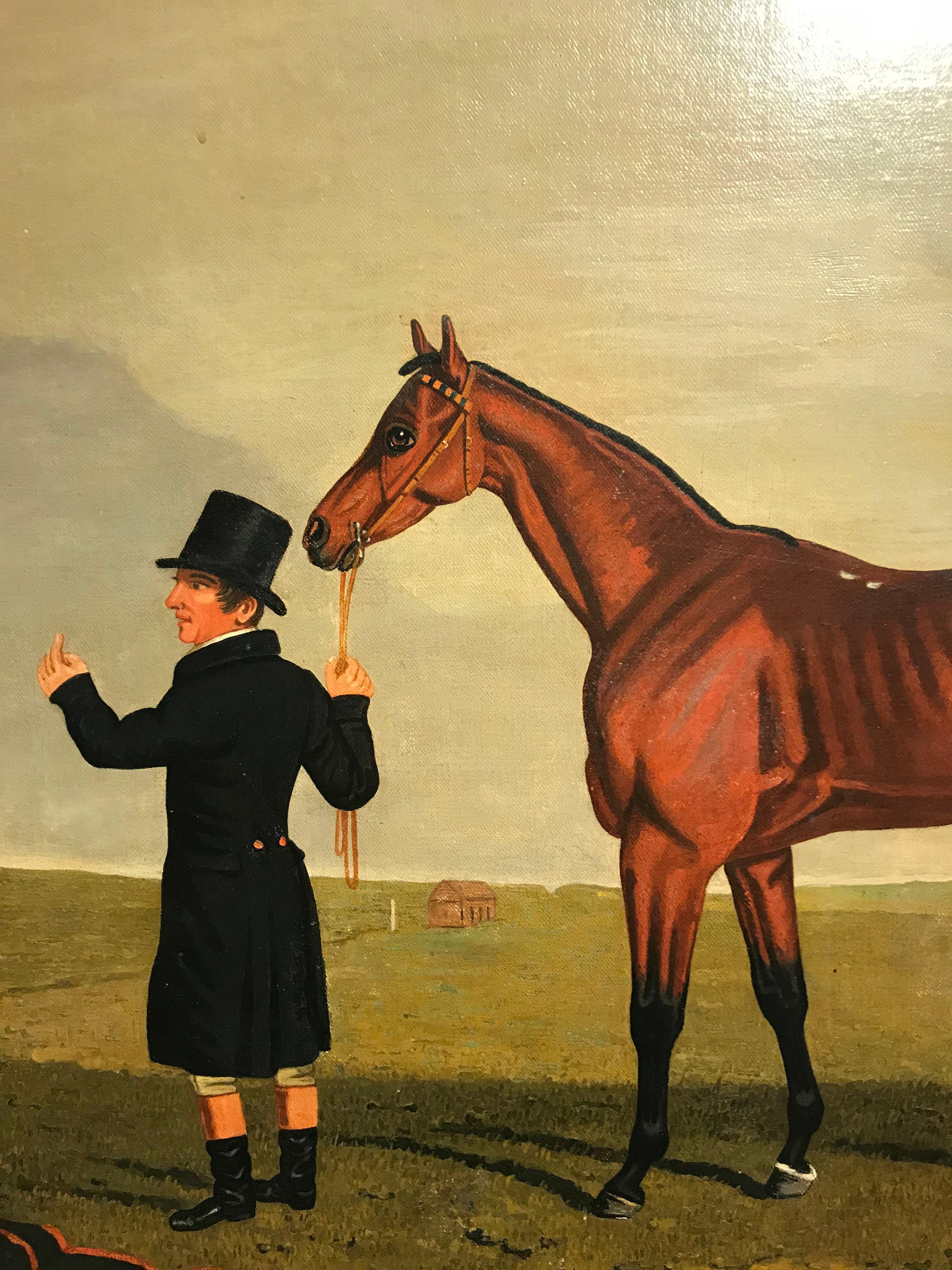 Lambert Marshall (1810-1870) COLONEL J PEEL'S 'ARCHIBALD' WITH TRAINER AND JOCKEY, A PAVIS, RIDING A ROAN HACK
Oil on canvas
51 x 61cm

'Archibald', a bay colt by Paulowitz out of Garcia, foaled in 1829, won the Sweepstakes at Ascot and Cockboat